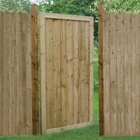 Wooden side garden gate, 3' x 6', featheredge design, pressure treated, natural finish, framed with vertical slats.