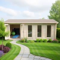 Forest Blakedown 6m x 4m log cabin with 45mm walls, large windows, double doors, and a sloped roof in a garden setting.