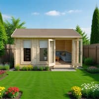 Wooden log cabin with single glazing, double doors, and pitched roof, set in a garden with grass and flower beds.