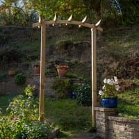 Wooden garden pergola arch with dome top, natural finish, and vertical slats, set in a garden with plants.