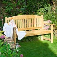 Forest Harvington wooden garden bench, natural finish, slatted back and seat, curved armrests, set in lush garden.