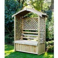Wooden garden arbour seat with lattice sides, slatted backrest, and a peaked roof, 6' x 2' size by Forest Garden.