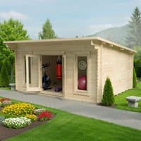 Wooden log cabin garden office with large windows, flat roof, and natural finish, surrounded by greenery.