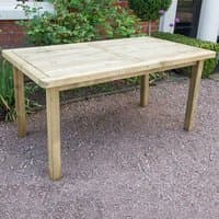 Wooden garden table with natural finish, rectangular 5' x 3', sturdy legs, slatted top, by Forest Garden.