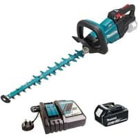 Makita DUH502RT 18V brushless hedge trimmer with 50cm blade, ergonomic handle, battery, and charger.