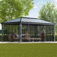 Black Palram Canopia gazebo netting set with sheer curtains, covering a rectangular garden gazebo with a peaked roof.