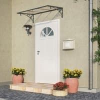 Clear Palram Canopia Venus 1350 canopy with black metal frame, arched design, mounted above a white entry door.