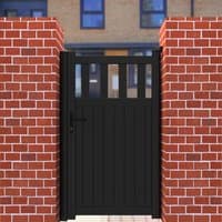 Black metal side gate with partial privacy design, vertical slats, and upper window panels, set between red brick pillars.