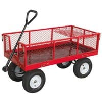 Red Sealey platform truck with mesh removable sides, black handle, and four large wheels.