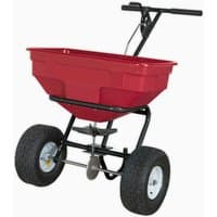 Red Sealey SPB57W broadcast spreader with black handle, large wheels, and lightweight frame.