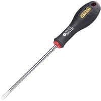 Black-handled Stanley FatMax flared screwdriver, 5.5 × 125mm, with chrome-plated shaft and red accent.