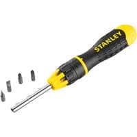 Black and yellow Stanley ratchet screwdriver with ergonomic grip and 10 interchangeable bits.