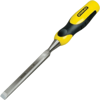Stanley chisel 18 mm with yellow and black ergonomic handle and polished steel blade.