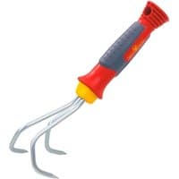 Red and gray WOLF-Garten KA-2K hand cultivator with three silver prongs and ergonomic handle.
