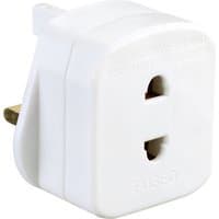 White Luceco 1A shaver adaptor with UK plug, dual flat pin slots, and embossed text on the surface.