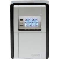 Silver Abus Mechanical wall-mounted key safe with illuminated keypad and black trim.