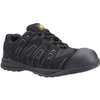 Black Amblers Safety FS40C trainers with reinforced toe cap, mesh panels, and lace-up design.