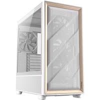White Antec FLUX Midi Tower with mesh front panel, gold trim, transparent side window, and rear cooling fan.