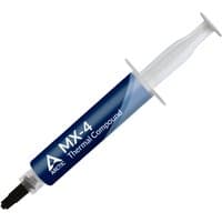 ARCTIC MX-4 thermal paste syringe, blue label with white text, black applicator tip, clear plunger handle.
