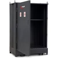 Black Armorgard DB4S Drumbank with open door, internal shelf, and safety symbols on the front.