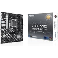 ASUS PRIME H810M-A-CSM micro ATX motherboard with black PCB, silver accents, and box packaging.