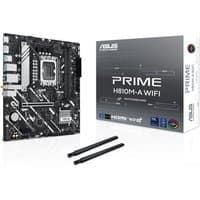 ASUS PRIME H810M-A WIFI micro ATX motherboard with black PCB, silver accents, and dual antennas next to packaging box.