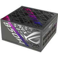 Black ASUS ROG STRIX 850W power supply unit with RGB lighting, mesh top, and modular cable ports.