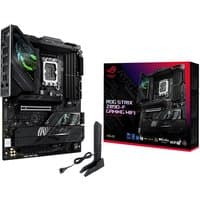 ASUS ROG STRIX Z890-F GAMING WIFI motherboard, black with RGB lighting, includes antenna and branded box.
