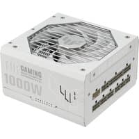White ASUS TUF Gaming 1000W power supply unit with a fan grille and modular cable ports.