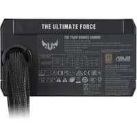 Black ASUS TUF-GAMING-750B power supply unit with braided cables and detailed specifications on the side panel.