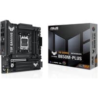 ASUS TUF GAMING B850M-PLUS micro ATX motherboard, black with silver accents, next to branded packaging box.