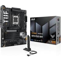 ASUS TUF GAMING X870-PLUS WIFI motherboard, black with silver accents, AM5 socket, includes antenna and packaging box.