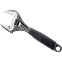 Bahco 9031 adjustable wrench with extra wide jaw, 218mm length, ergonomic black handle, and silver finish.