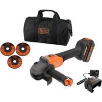 Black+Decker cordless angle grinder with orange accents, 2.0Ah battery, charger, three cutting discs, and black soft bag.