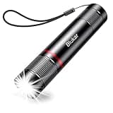 Blukar black LED torch with adjustable focus, four modes, wrist strap, and bright beam, compact and waterproof design.