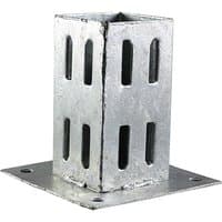 Galvanised steel fencing post shoe with slotted sides and square base for bolt down installation.