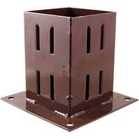 Oxide red TIMCO bolt down fencing post shoe with square base and vertical slots.