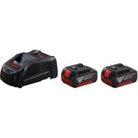 Black Bosch 18V charger with two 5.0Ah batteries, featuring red accents and Bosch logo.
