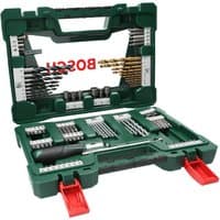 Green Bosch drill bit set with 91 pieces, including various metal and wood bits, in a sturdy case with red latches.