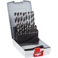 Bosch 19-piece HSS Twist PointTeQ drill bit set in gray case with red latch, featuring sizes 1-10mm in black holder.