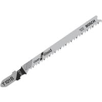 Bosch T101B jigsaw blade, silver with black text, 100mm length, pack of 5, designed for wood cutting.