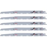 Bosch 240mm reciprocating saw blade for wood, silver with red and black text, toothed edge, pack of five.