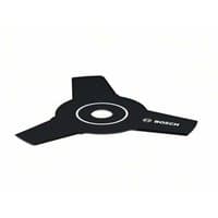 Black Bosch brushcutter blade, 23cm, with three sharp triangular edges and central mounting hole.