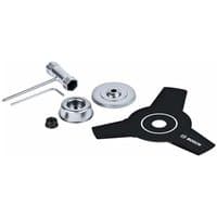 Bosch brushcutter blade kit with black three-pronged blade, silver mounting hardware, and wrench.