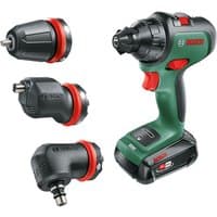 Green Bosch cordless drill/driver with black grip, red accents, battery, charger, and three interchangeable attachments.