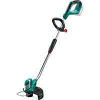 Green Bosch cordless grass trimmer with ergonomic handle, adjustable shaft, and protective guard.