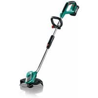 Green Bosch cordless grass trimmer with black handle, adjustable shaft, and dual-line cutting system.