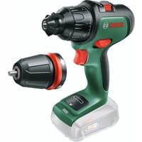 Green Bosch cordless combi drill with black grip, red accents, two-speed settings, and detachable chuck.