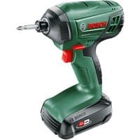 Green Bosch cordless impact driver with black grip, red trigger, and 18V battery pack.