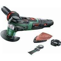 Black and green Bosch cordless multi-tool with sanding pads, oscillating blade, and accessory attachments.